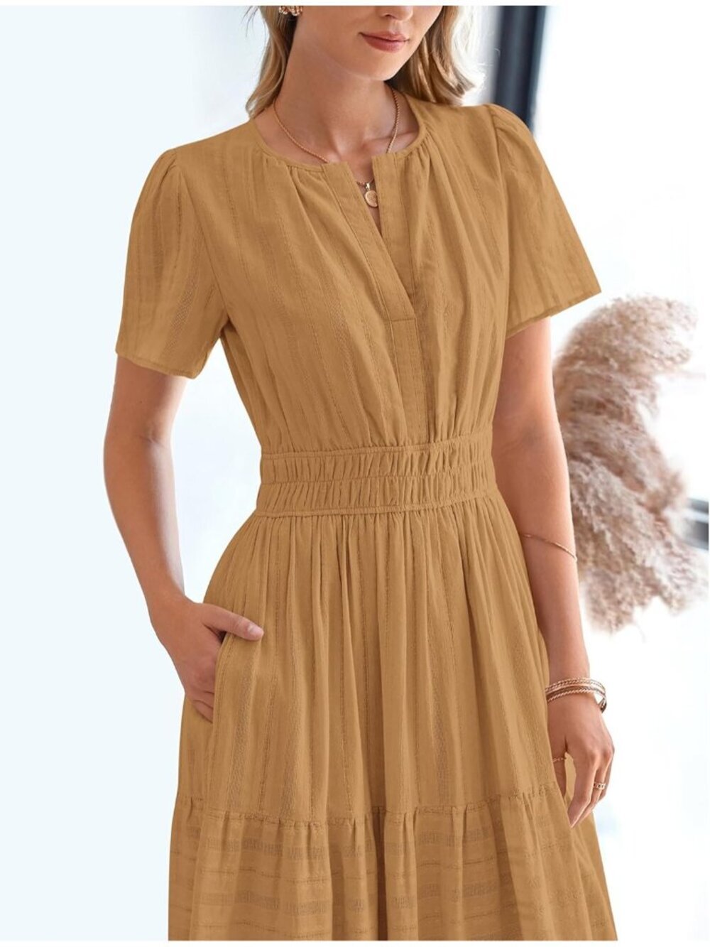 〽️Women's Khaki Lightweight Short Sleeve V Neck Elastic Waist Maxi Dresses